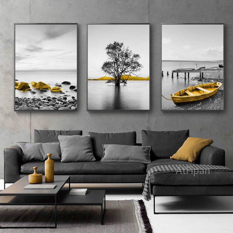 Yellow Vintage Sea Landscape Canvas Painting