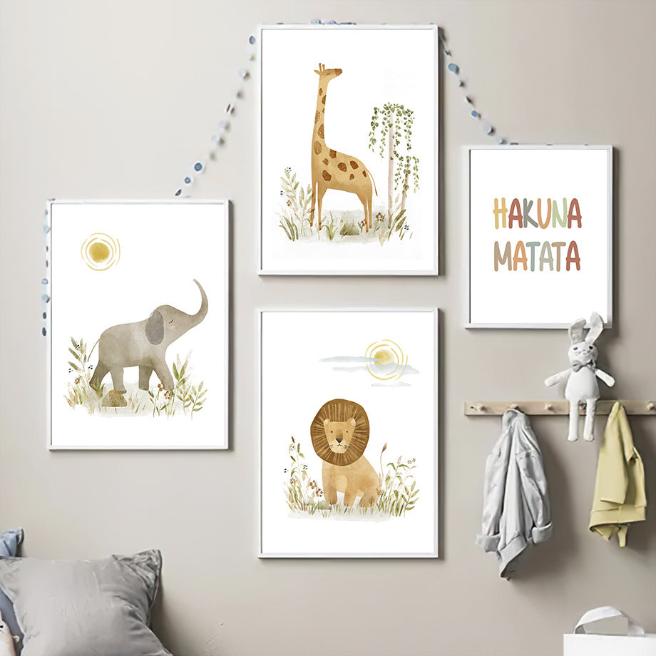 Jungle Animal Lion Giraffe Elephant Zebra Wall Art Poster Print Nordic Kindergarten Canvas